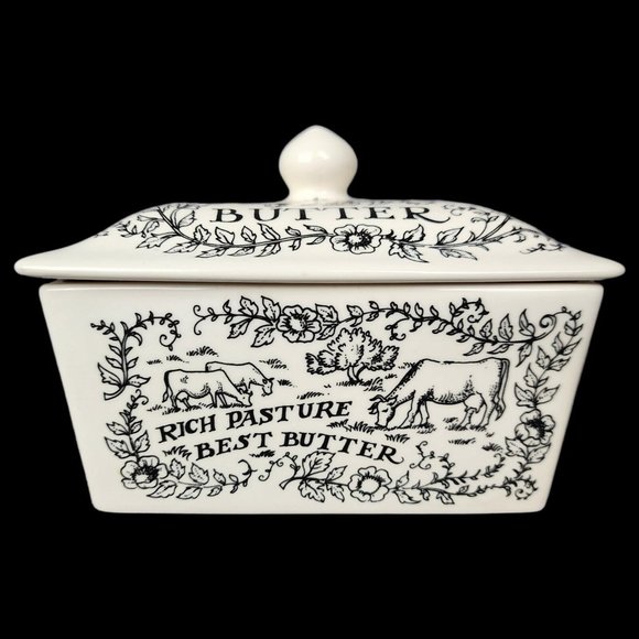 Vintage Other - Emma Bridgewater Ceramic Butter Dish Made in England Dairy Cow Floral Vine Black